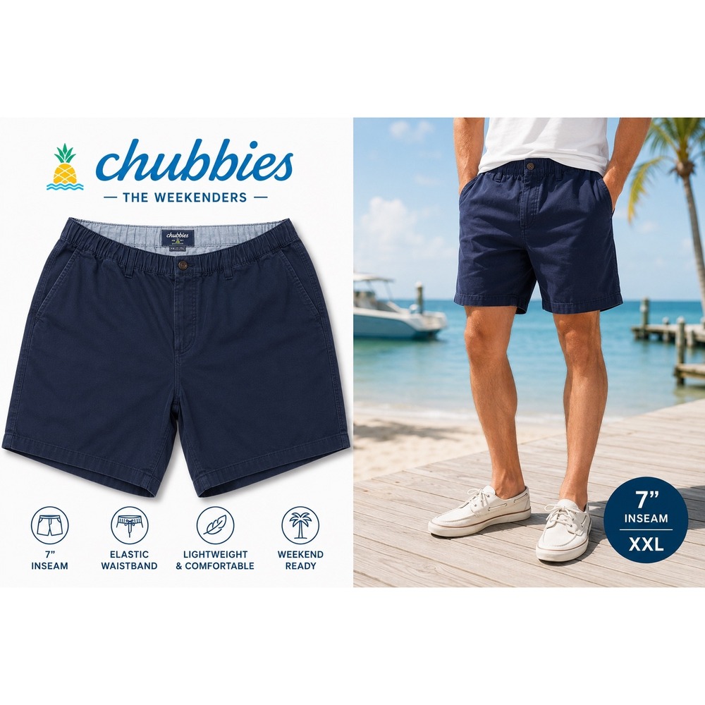 Chubbies Weekenders Shorts XXL Navy 7"‎ Inseam Elastic Waist Preppy